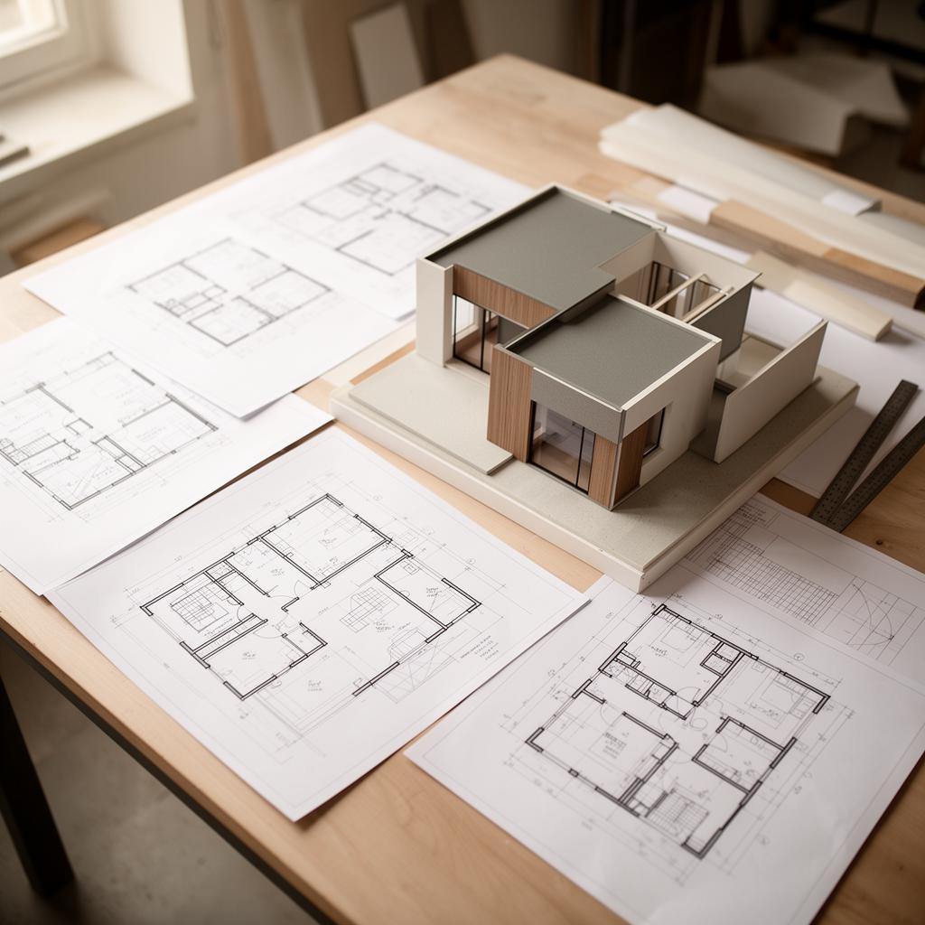 Projeto arquitetônico de casa com plantas e maquete